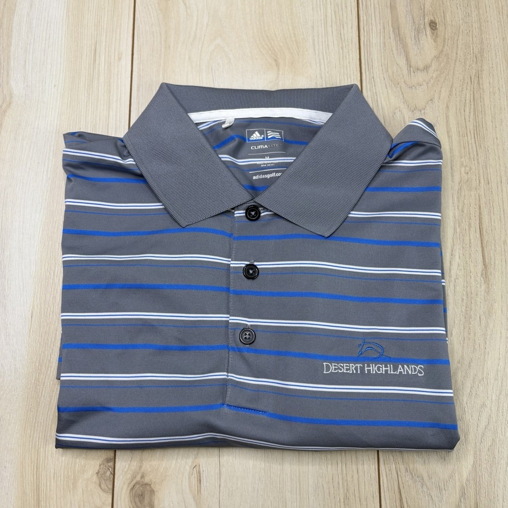 Adidas Golf Men Climalite Striped Golf Polo Shirt Gray Blue White Medium Stretch